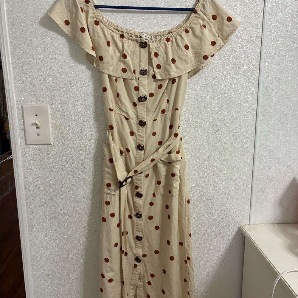 Moon River Polka Dot Off-Shoulder Dress S